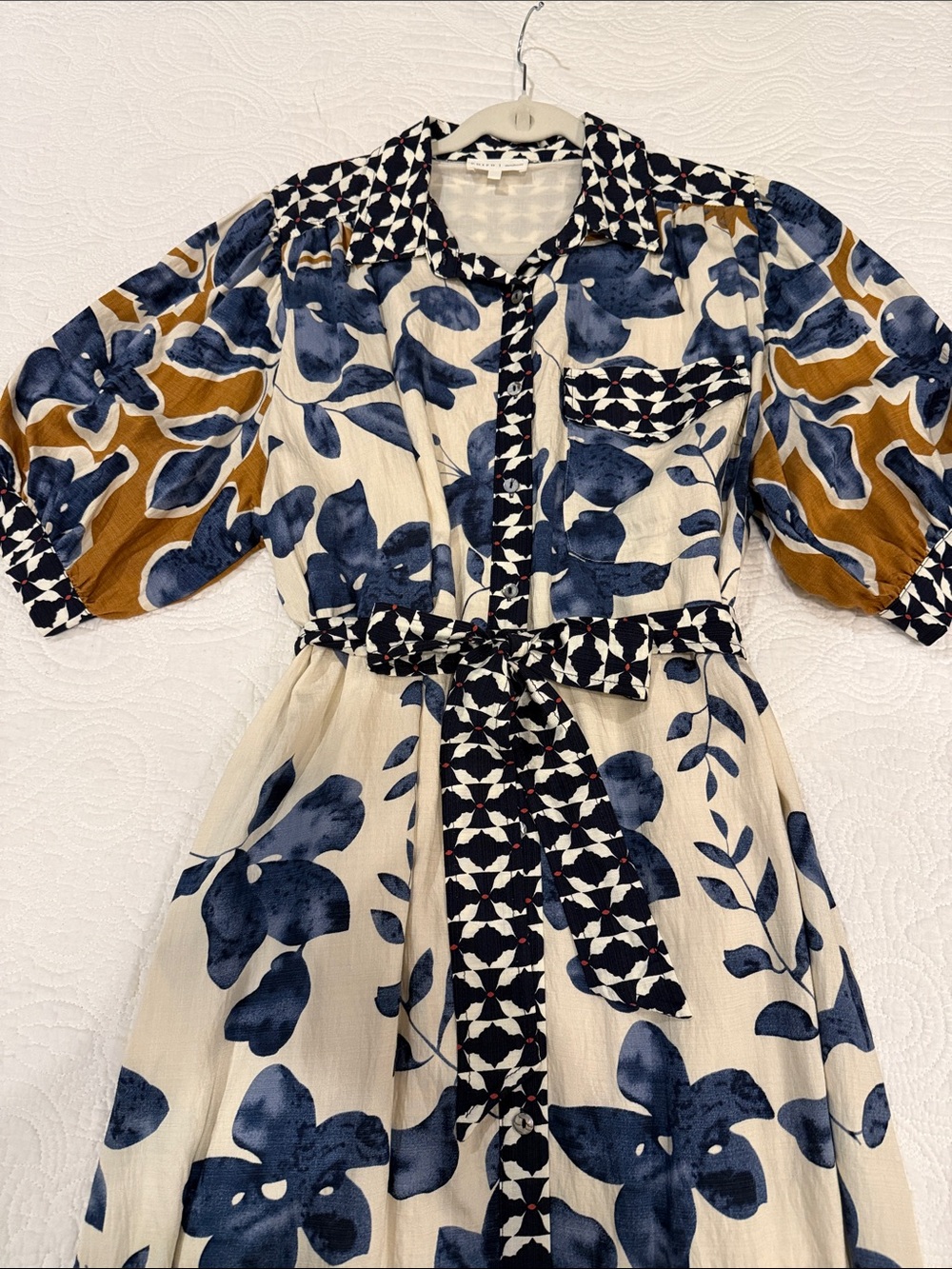 Blue Floral Midi Shirt Dress with Tie Waist - Picture 4 of 6